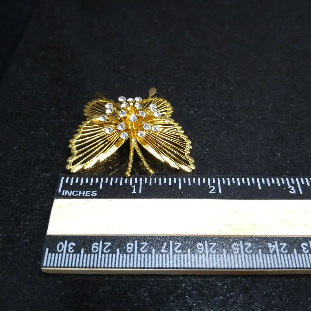 Vintage Monet Gold Tone Wire Butterfly Brooch, Clear Rhinestones Center